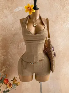 Soleia New Plunging Neckline Metal Decor Dark Brown Knit Romper, Suitable For Vacation, Halloween, New Year, Music Festival, Party, Back To School Season,,Carnival
