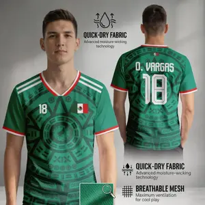 Mexico 2026 football jersey, Aztec design, men's t-shirt for national team fans, lightweight sportswear #darkgreen2