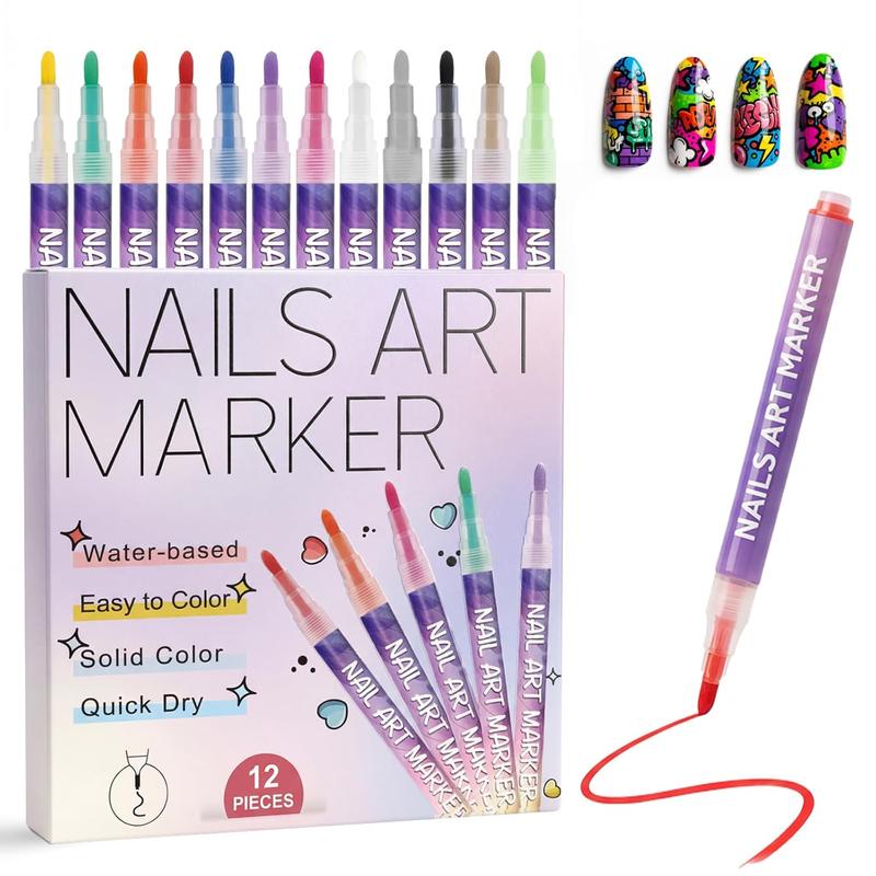 Quick-Dry & Gentle Nail Art Pens - 12 Color Set with 0.7mm Fine Tip, No Shake Formula for Smooth Lines & 3D Art, Smudge-Proof & Easy to Use for Beginners