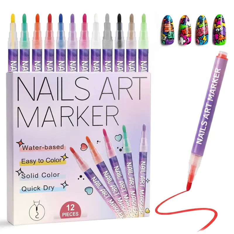 Quick-Dry & Gentle Nail Art Pens - 12 Color Set with 0.7mm Fine Tip, No Shake Formula for Smooth Lines & 3D Art, Smudge-Proof & Easy to Use for Beginners