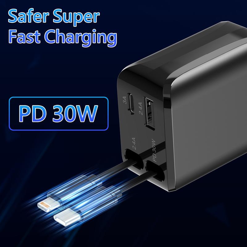 4-in-1 Retractable Car Charger, 60W Fast USB C Charging Adapter with Lightning Cable & Dual Ports for iPhone, iPad, AirPods, Samsung, Google Devices