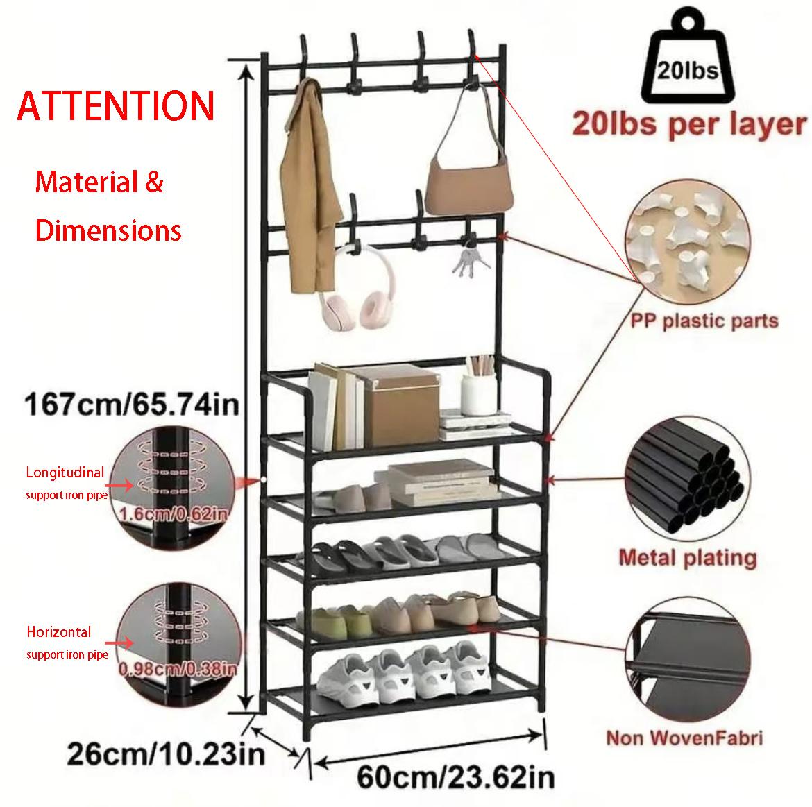 A 5-Tier Coat And Shoe Rack Combo with 8 Hooks, Suitable for Entryways, This Shoe Rack Features a Double-Row Storage Design for Homes, Bedrooms, And Offices. It Is a Freestanding Organizer That Can Hold Shoes, Clothes, Hats, And Bags