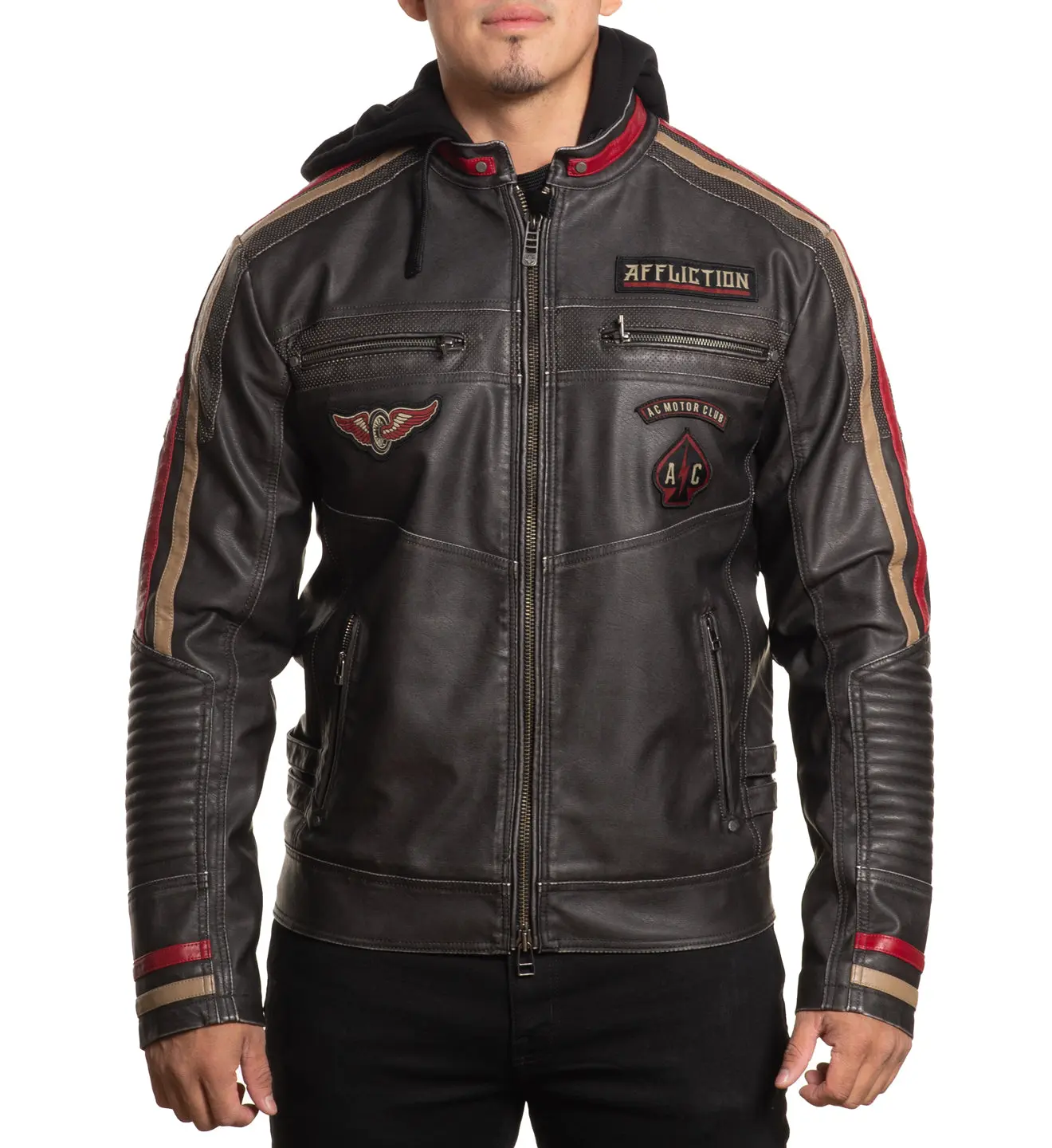 Affliction Men's Graphic Tops, Embroidered Faux Leather Moto Jacket, Long Sleeve Biker Coat with Front Zip, Coats, Longsleeves, Gothic, Biker Men's Real & Faux Leather Jackets, Dark Graphic Men's Real & Faux Leather Jackets