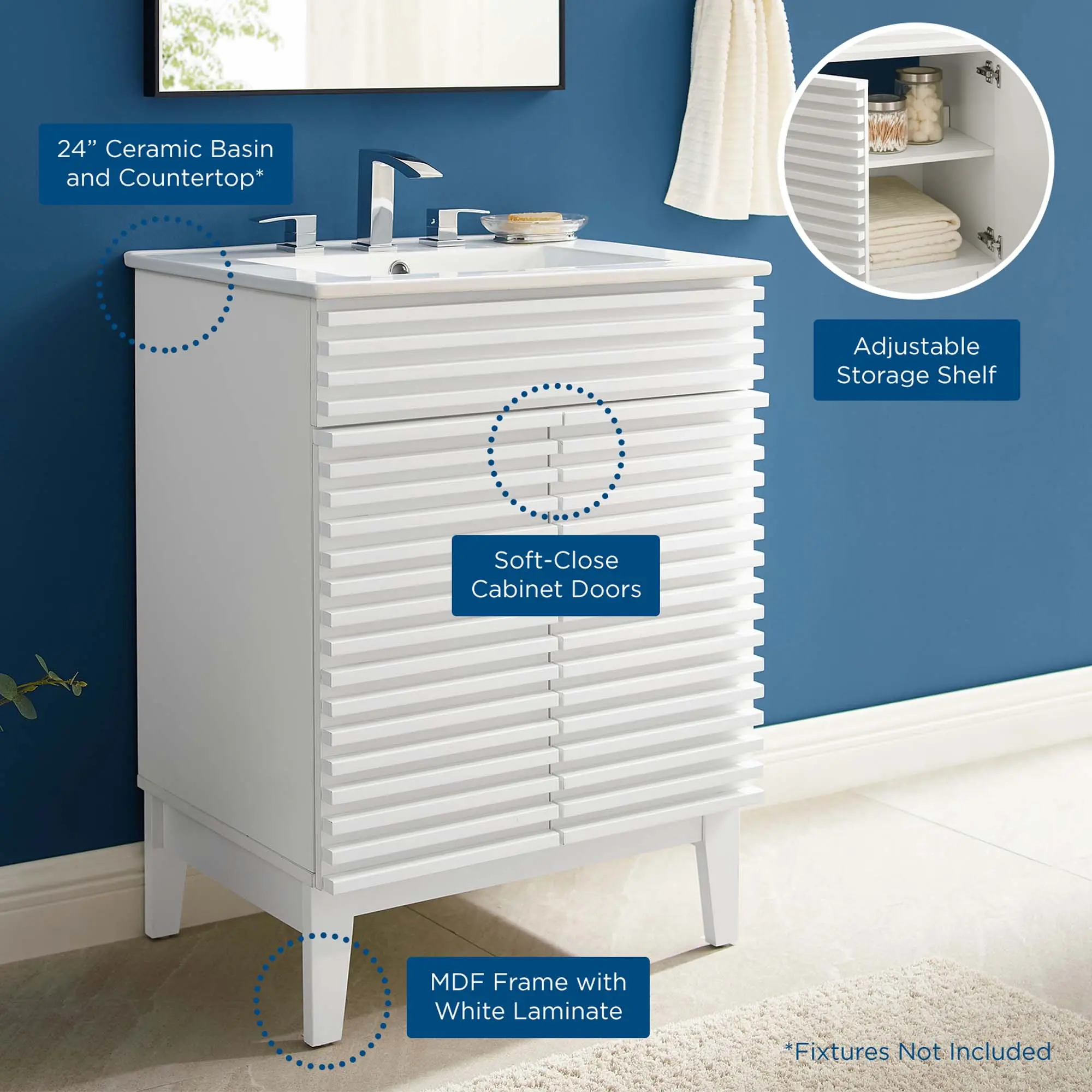 Modway Render White Bathroom Vanity with Adjustable Storage Cabinet, Home Improvement Bathroom Fixture Set