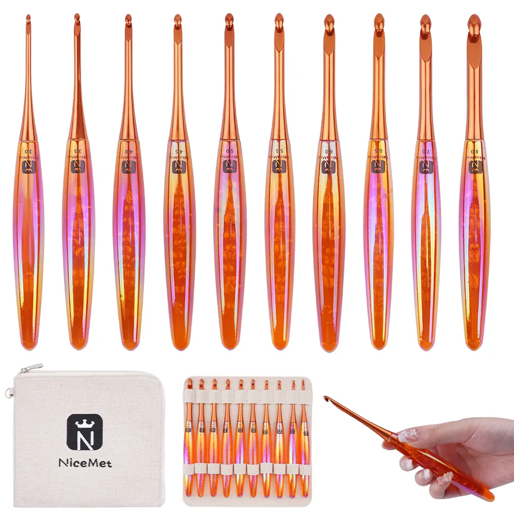 Ergonomic Crochet Hooks Set - 10 Sizes (3mm-8mm) Resin Comfort Grip Handles, Aluminum Anti-Abrasion Tips, Lightweight Smooth Finish Needles, Rainbow Luster, Ideal for Beginners, Home/Travel, Christmas Gift for Linen Fabric Craft Enthusiasts