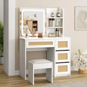 Rattan Vanity with Mirror, Makeup Vanity Desk with Adjustable LED Light, Large Storage Space and4 Drawers, 2 Tiers of Open Shelves for Bedroom in White & Gold