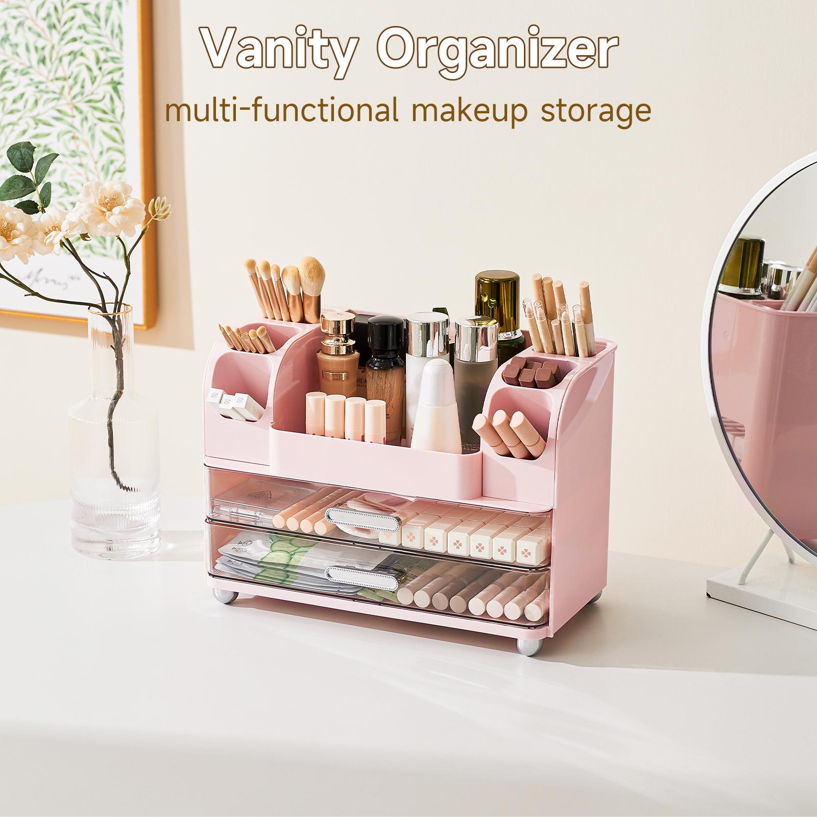 UFORU makeup organizer for Vanity with 2 Large Drawers, Cosmetic Display Case with Brush Holders, Easy to Storage for Bathroom Countertop Skincare, Desk Office Supplies,Pink Boxes Gift, jewelry organizer
