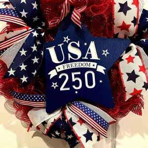 USA 250th Anniversary Wreath: Patriotic Red White Blue Front Door Decoration