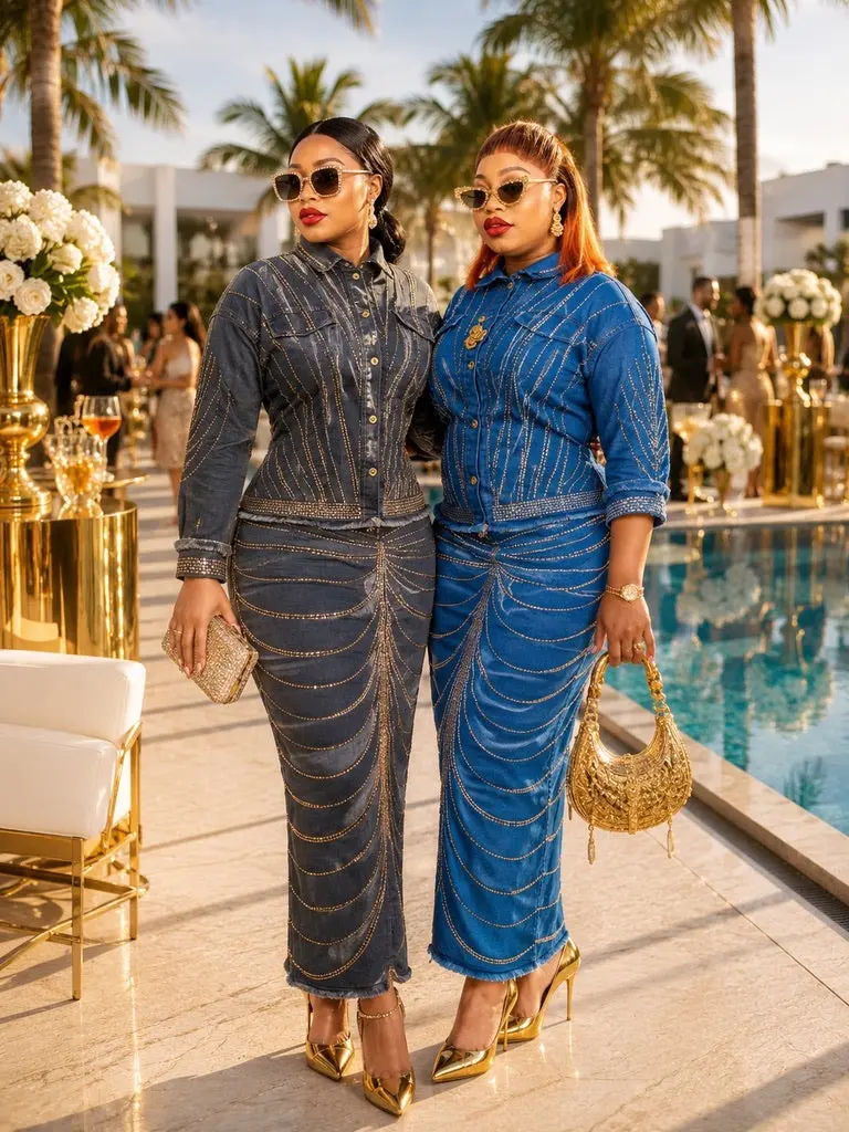 Classy Rhinestone Denim 2-Piece Matching Top & Skirt Set Cotton Stretch Jeans Outfit - Birthday Day Party Photoshoot