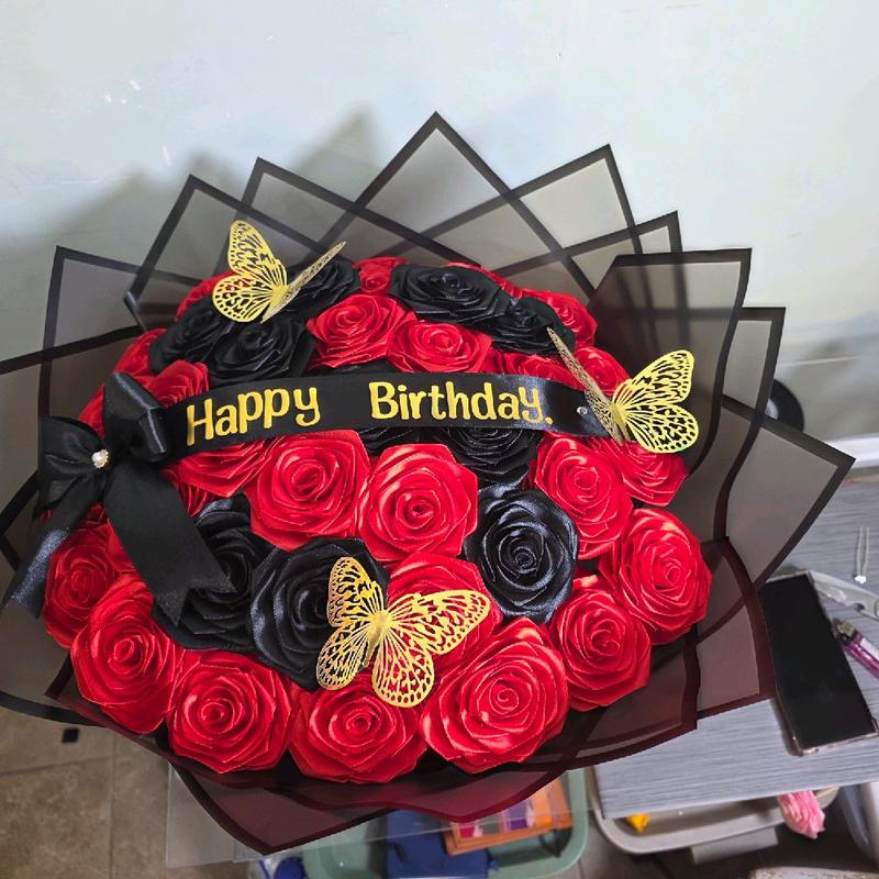 Eternal Roses Bouquet with Red & Black Roses Gold Butterflies and 'Happy Birthday' Ribbon for Special Occasions