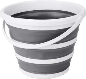 Indoor and Outdoor Collapsible Bucket with Handle, 10 Liters, 2.6 Gallons, Gray and White