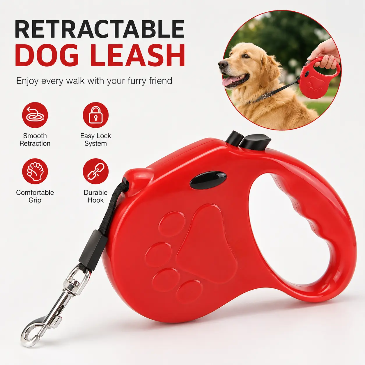 **Retractable Dog Leash with Easy-Lock Button, Comfortable Grip and Metal Swivel Clip for Daily Walking**