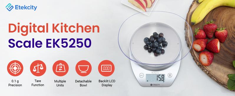 Etekcity Food Kitchen Coffee Scale with Bowl, 11lb/0.1g, Digital Weight Grams and Oz, Baking, Cooking, Dieting, and Meal Prep, 5kg, Stainless Steel