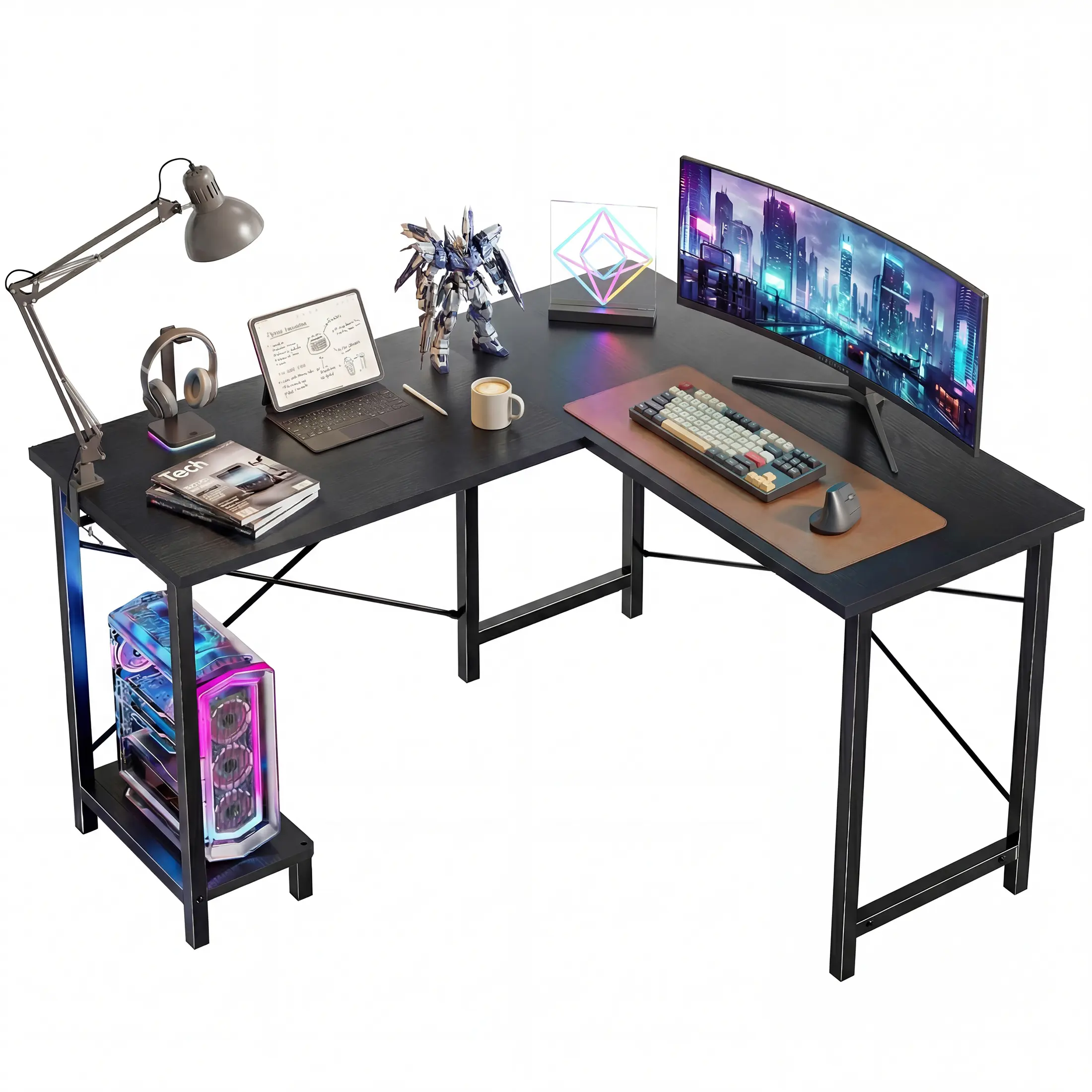 Sweetcrispy Classic 50-Inch L-Shape Gaming Desk - Large Corner Home Office Furniture with CPU Shelf, Gaming Accessories Compatible Workstation for Home Study