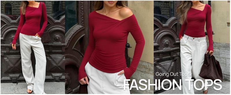 ZESICA Women's Long Sleeve Asymmetrical Neck Ruched Slim Fit Shirts 2025 Fall Fashion Casual Tee Going Out Tops