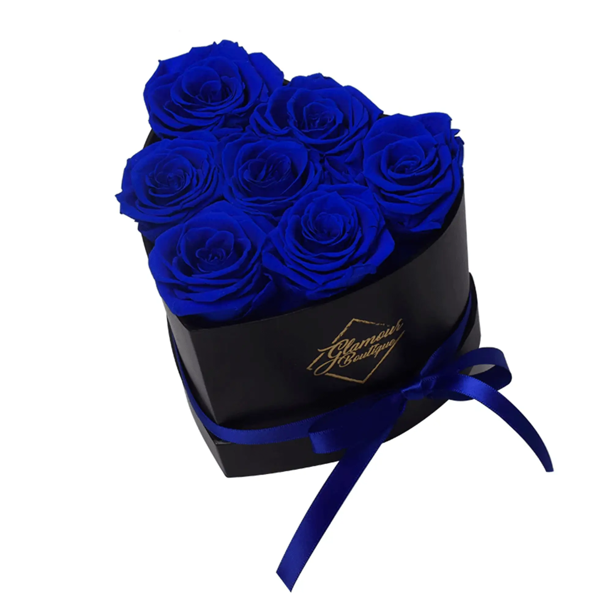 GLAMOUR BOUTIQUE Immortal Love Black Heart Eternal Flower Bouquet - 7 Blue Forever Preserved Roses Decorative Box, Artificial Fake Flowers for Birthday Home & Garden Decor