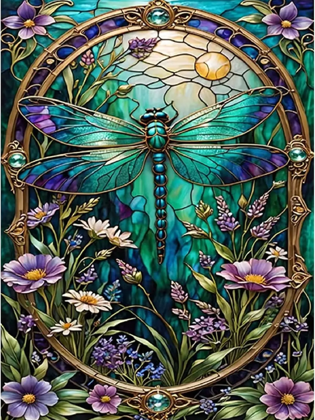 5D Diamond Painting Kit Imitation Stained Glass Dragonfly Wild Lavender Daisy Floral Golden Oval Frame Teal Purple Vintage Mosaic Nature Crystal Rhinestone Wall Decor Gift
