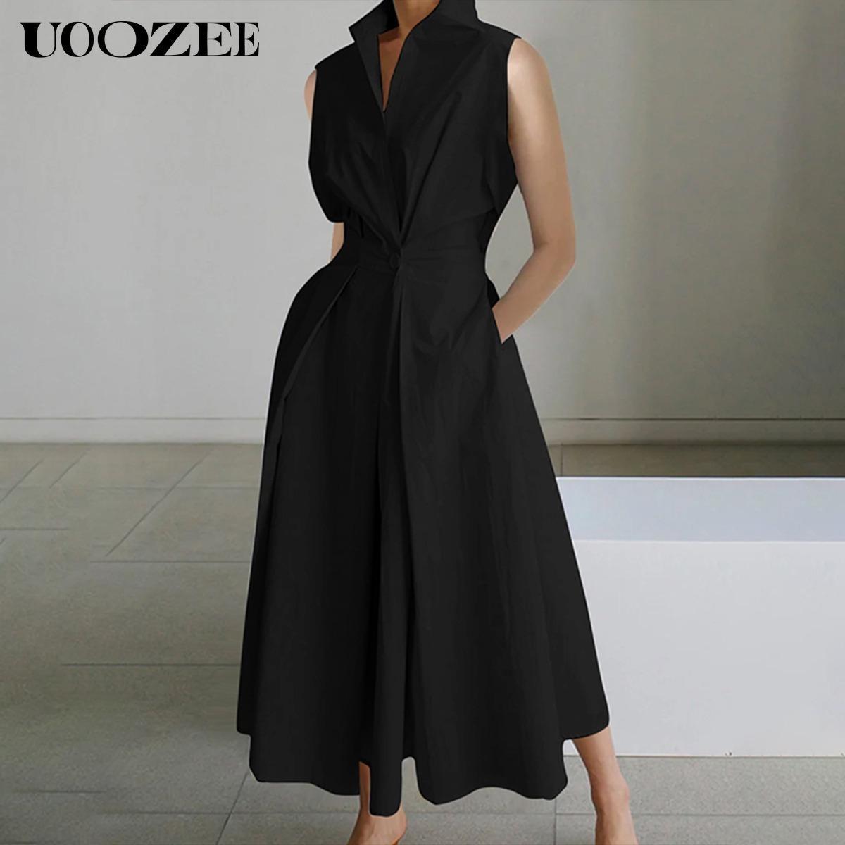 Women's loose solid color lapel mid-length dress, waist design, comfortable and elegant, a must-have for commuting and formal occasions Shirt Dress