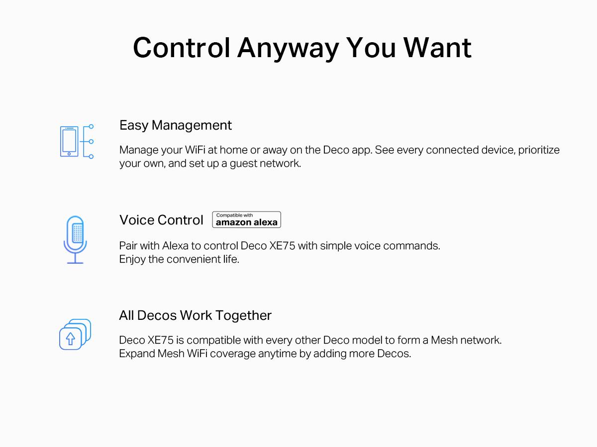 TP-Link Deco XE75 (3-pack) Wi-Fi 6E Tri-Band AXE5400 Mesh System – 7200 Sq.Ft Coverage, AI-Driven Mesh, 6GHz Band, Engadget Rated Best Mesh for Most People, Replaces WiFi Router and Extender TP-Link Deco XE75 (3-pack) Wi-Fi 6E Tri-Band AXE5400 Mesh System – 7200 Sq.Ft Coverage, AI-Driven Mesh, 6GHz Band, Engadget Rated Best Mesh for Most People, Replaces WiFi Router and Extender
