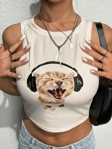 [CONVERTIBLE] Women Cute Cat Printed Slim Fit Cropped Tank Top For Summer Graphic Tees Women Tops