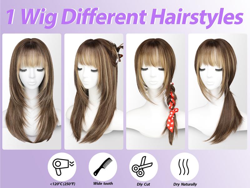 [AISI HAIR] Wig with Bangs for Women Brown Blonde Highlight Straight Face-Framing Layers Hairstyle 4x4 Realistic Scalp Glueless Synthetic Wigs Medium Length for Everyday Use 20 Inch