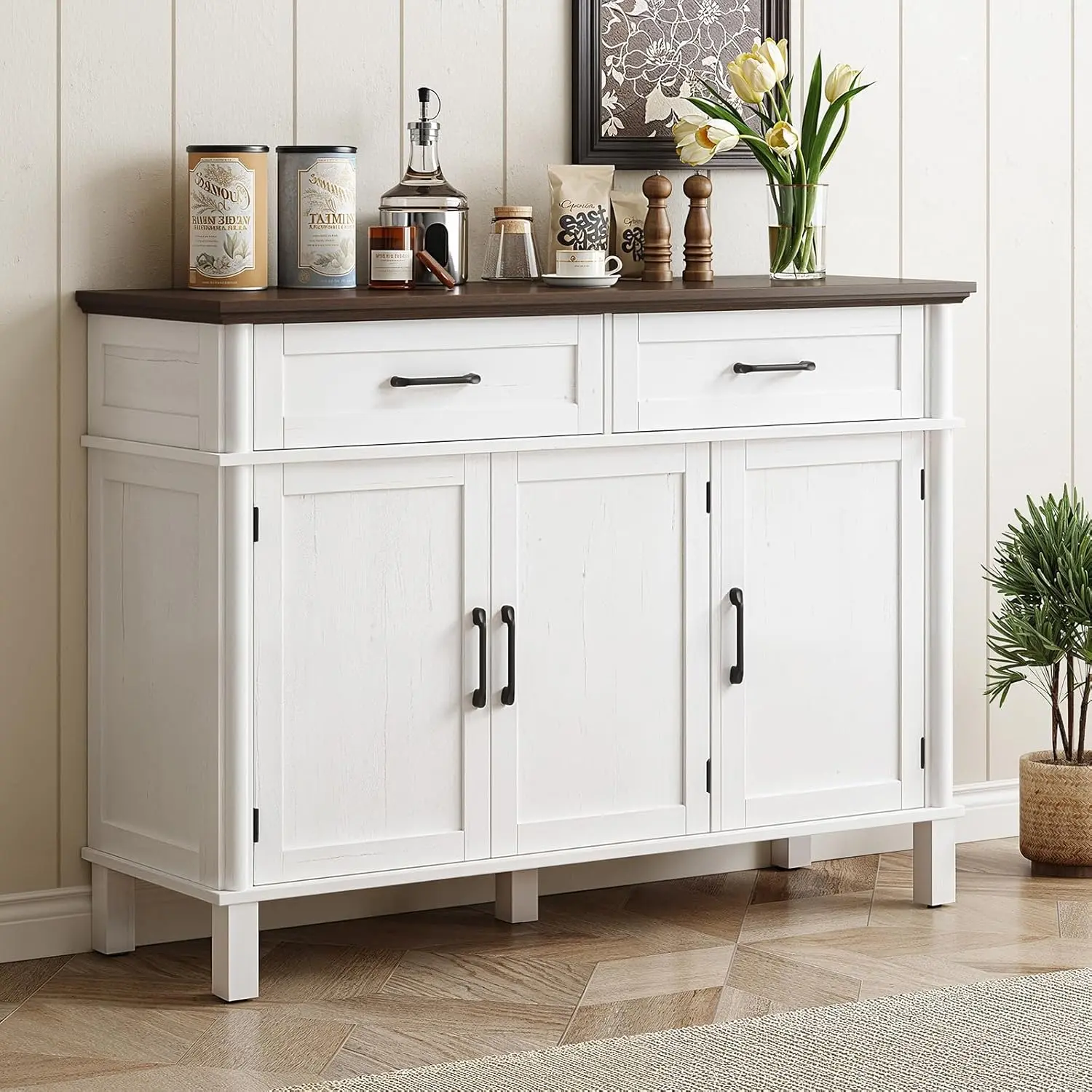 【BackToSchool】ONBRILL 48-Inch Sturdy Wood Farmhouse Buffet Cabinet - Modern Sideboard Buffet with Thick Legs, 2 Drawers, 3 Doors, Adjustable Shelves, Easy Assembly, Kitchen Storage Coffee Bar for Kitchen, Living Room,dorm essentials,home decor