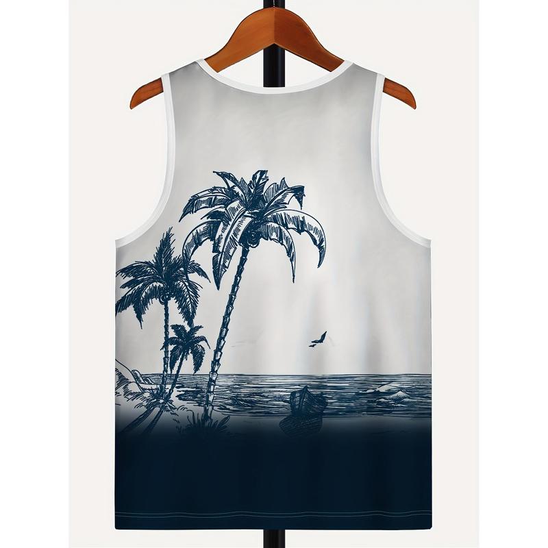 Men's Hawaiian Style 3D Digital Print Sleeveless Tank Top - Tropical Palm Tree Gradient Design, Breathable Stretch Fabric, Regular Fit for Gym, Beach, Casual & Outdoor Activities, Beach Activewear, Sunset Graphic Tee, Machine Washable