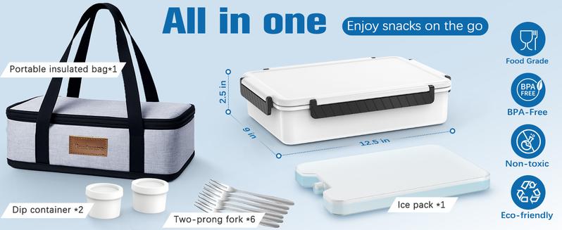 Chilled Portable Snackle Box Container with Reusable Ice Pack Divided Serving Tray Bonus Insulated Bag Dip Containers Forks for Charcuterie Snack Fruit Beach Travel Picnic Party Back to School Gift Food Storage Set