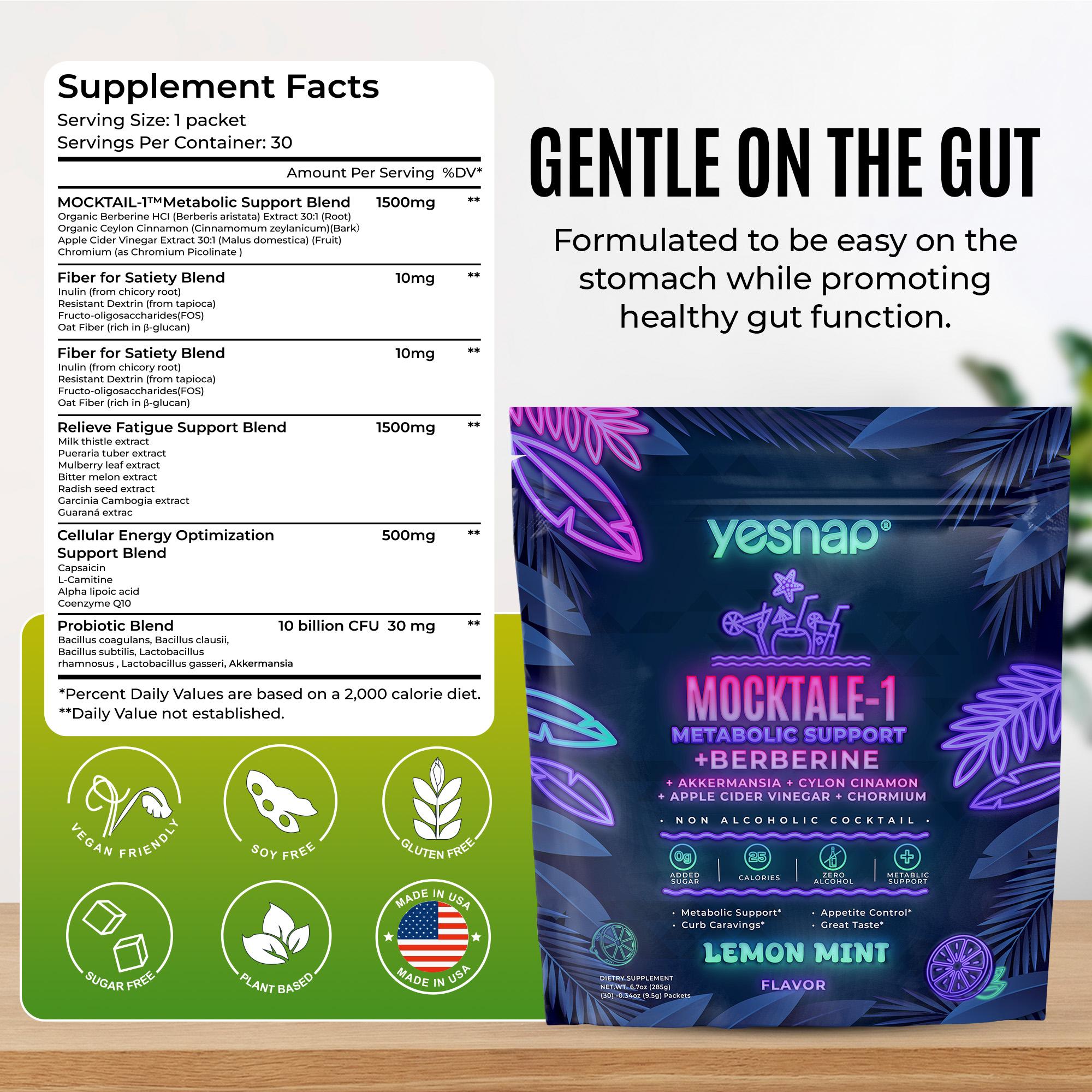 Yesnap MOCKTALE-1 Metabolic Support with Berberine & Akkermansia, Chormium, Cylon Cinamon, Apple Cider Vinegar - 30 Packets Lemon Mint Flavor Non-Alcoholic Cocktail | Powdered Supplement Drink Mix