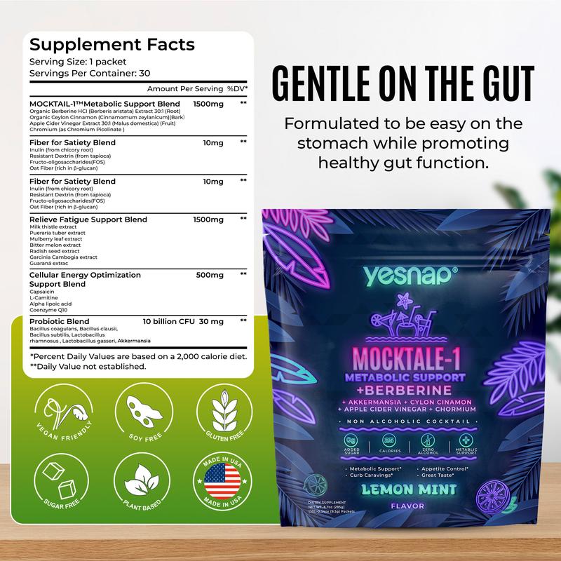 Yesnap MOCKTALE-1 Metabolic Support with Berberine & Akkermansia, Chormium, Cylon Cinamon, Apple Cider Vinegar - 30 Packets Lemon Mint Flavor Non-Alcoholic Cocktail | Powdered Supplement Drink Mix