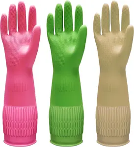 3 Pairs of Rubber Dishwashing Gloves for Kitchen and Household Cleaning – Long Cuff 15", Reusable, Flexible Long-Lasting and Non-Slip (Red+Yellow+Green, Large) Bamllum