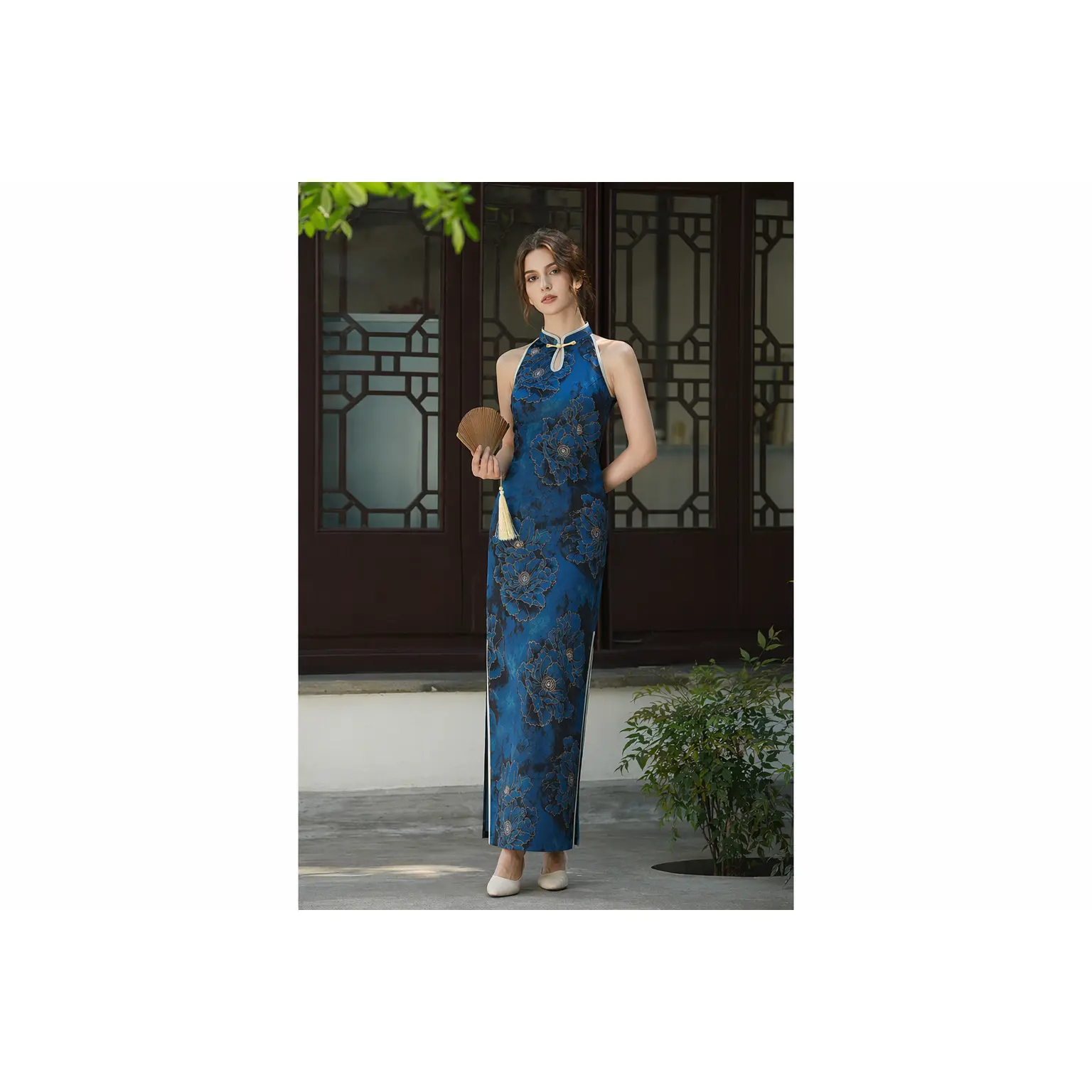 Sapphire Floral Halter Qipao Dress | Neo-Chinese Cheongsam, Sleeveless Evening Dress, Modern Summer Occasion, Botanical Motif