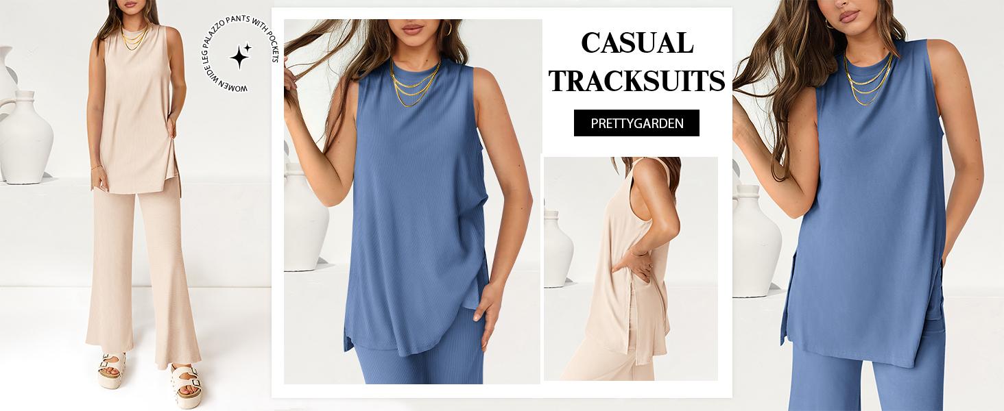 PrettyGarden Women's 2 Piece Lounge Set Summer Casual Loose Tank Top & Wide Leg Pants Matching Travel Outfits Tracksuit With Split Hem & Pockets Crewneck Sleveless Minimalist