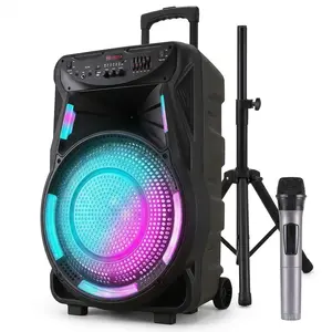 PA Speaker System Bluetooth Loudspeakers Kit with 15 Inch Subwoofer 1" Tweeter, Wired Microphone, MP3/USB/SD/AUX Readers, Built-in Rechargeable Battery with Speaker Stands, Microphone for Home Camping