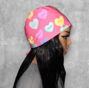 Pink Candy Hearts Satin-Lined Tie Back Nursing Scrub Caps