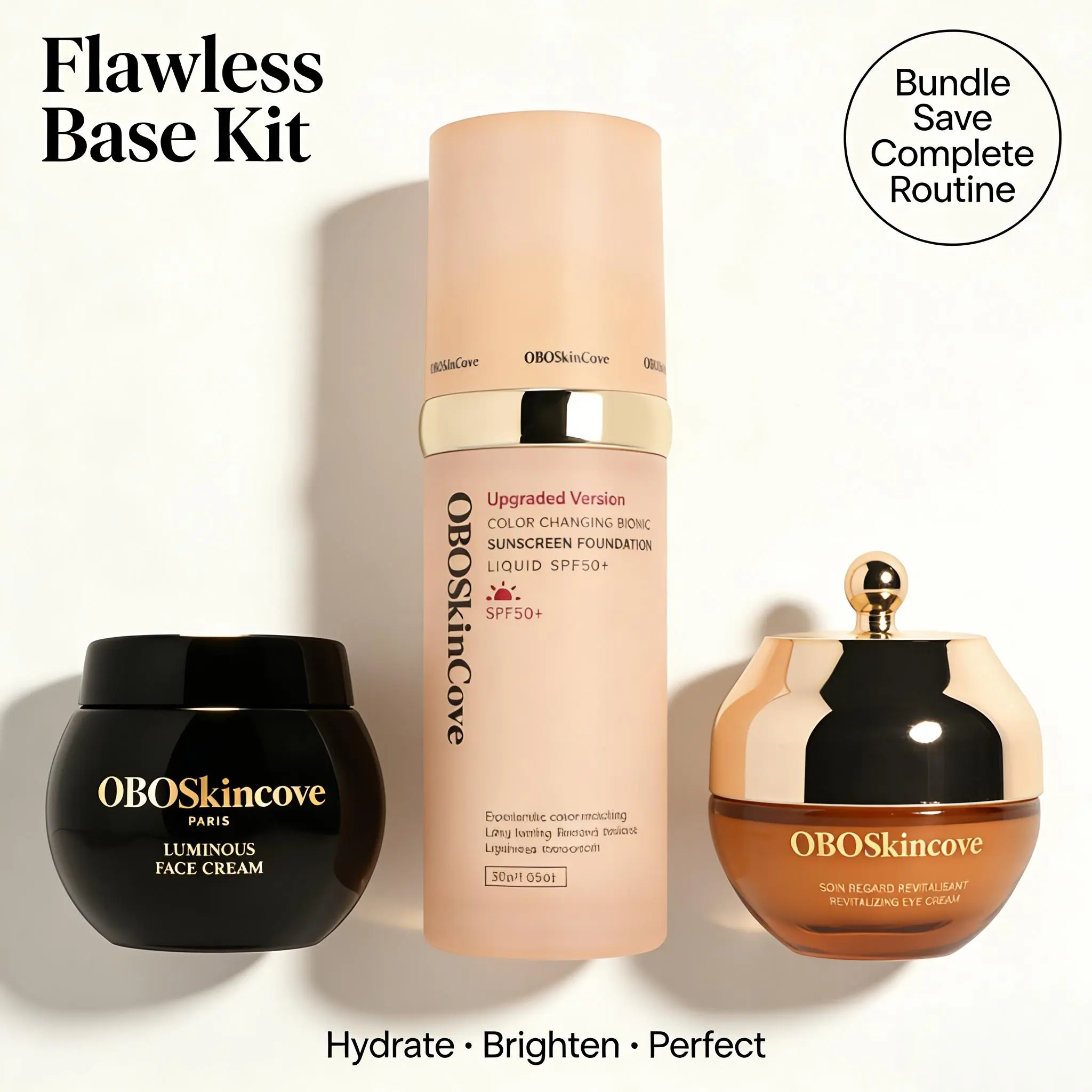 OBOSkincove Complete Glow Routine Cosmetic Set - Face Cream, Collagen Eye Cream, 4-in-1 Sunscreen Foundation with Sun Protection, Concealer for Adults Makeup tiktokshopspringglowup