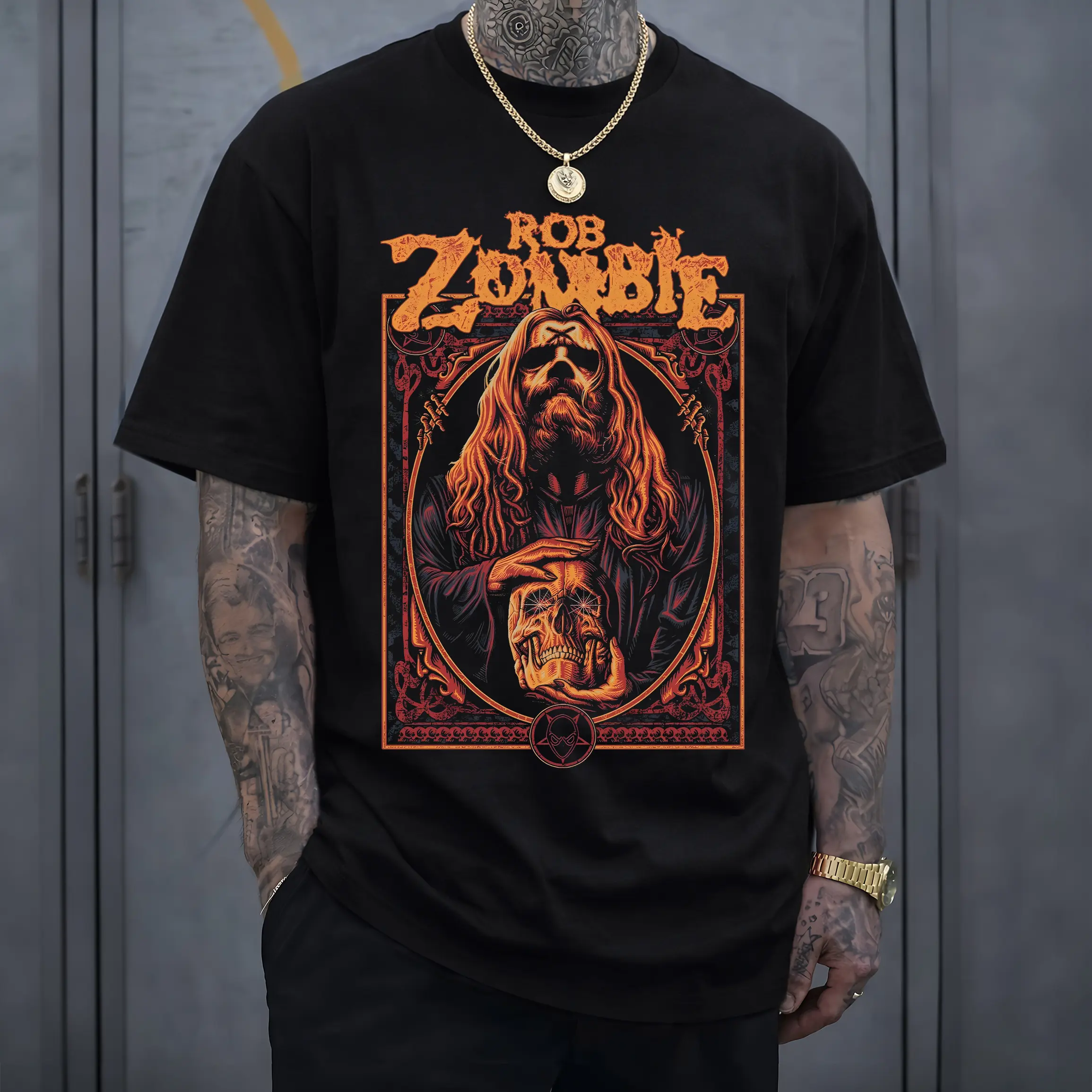 Rob Zombie Skull Band Tee T-Shirt Menswear Top Heavy Cotton Unisex Oversize Industrial Metal Rock Band Vintage Style Streetwear Graphic Cotton Tee for Men and Women Fans