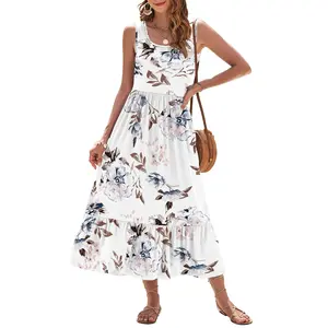 AUSELILY 2026 Womens Summer Dresses Sleeveless Maxi Dress Square Neck Casual Tiered Swing Dress with Pockets Summer Dress Sunshine Floral SpringStatements