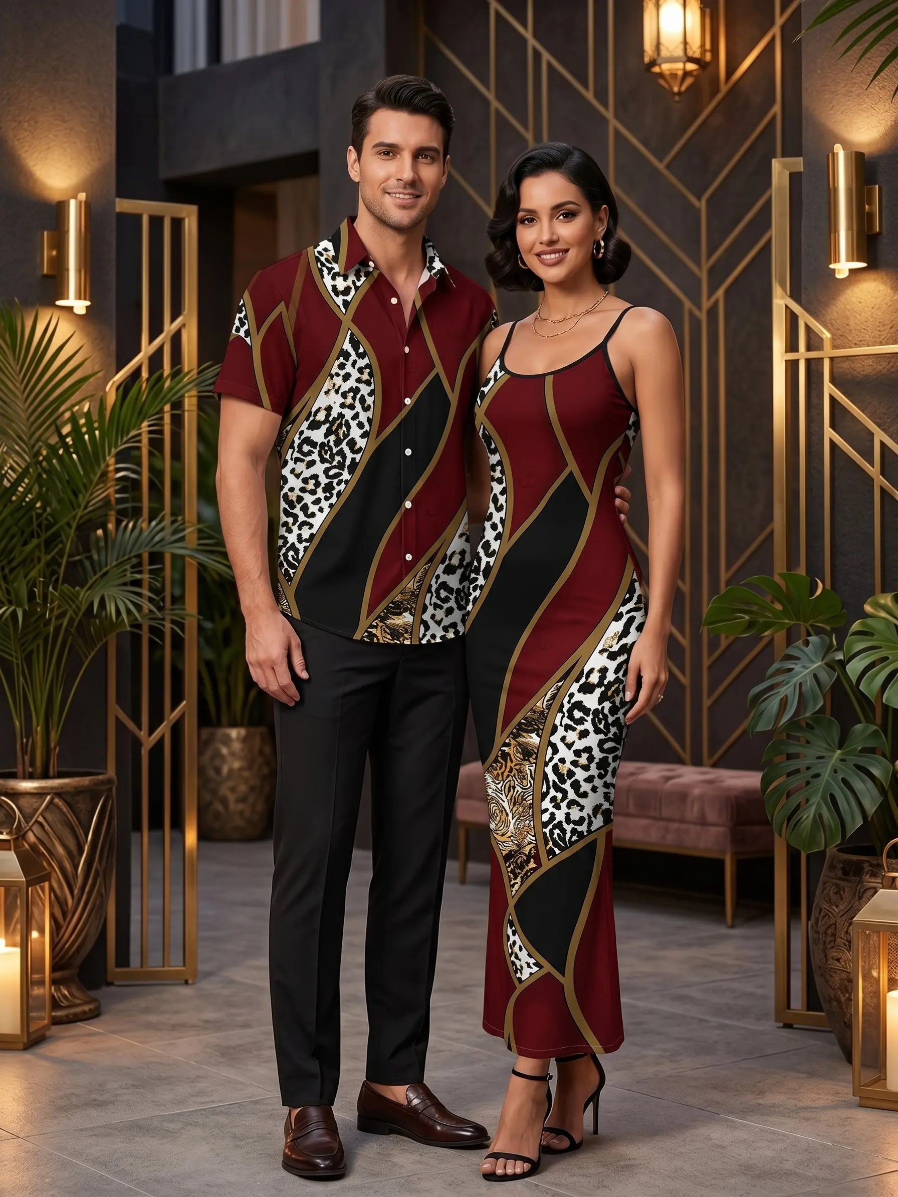 Matching Couple Vacation Outfits Set Colorblock Geometric Leopard Print Men Short Sleeve Shirt and Women Spaghetti Strap Bodycon Maxi Dress