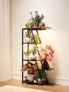 Plant Stand Indoor with Grow Lights: 5 Tier Small Corner Shelf Metal Tower Lighted Black Modern Display Rack for Living Room Bedroom Office