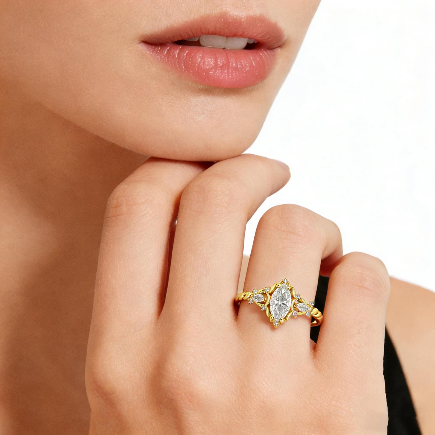 【exclusive in livestream】Delzzad 1ct Vintage Marquise Engagement Ring Synthetic Moissanite Ring Jewelry S925 Perfect Birthday Engagement Wedding Anniversary Christmas Gift