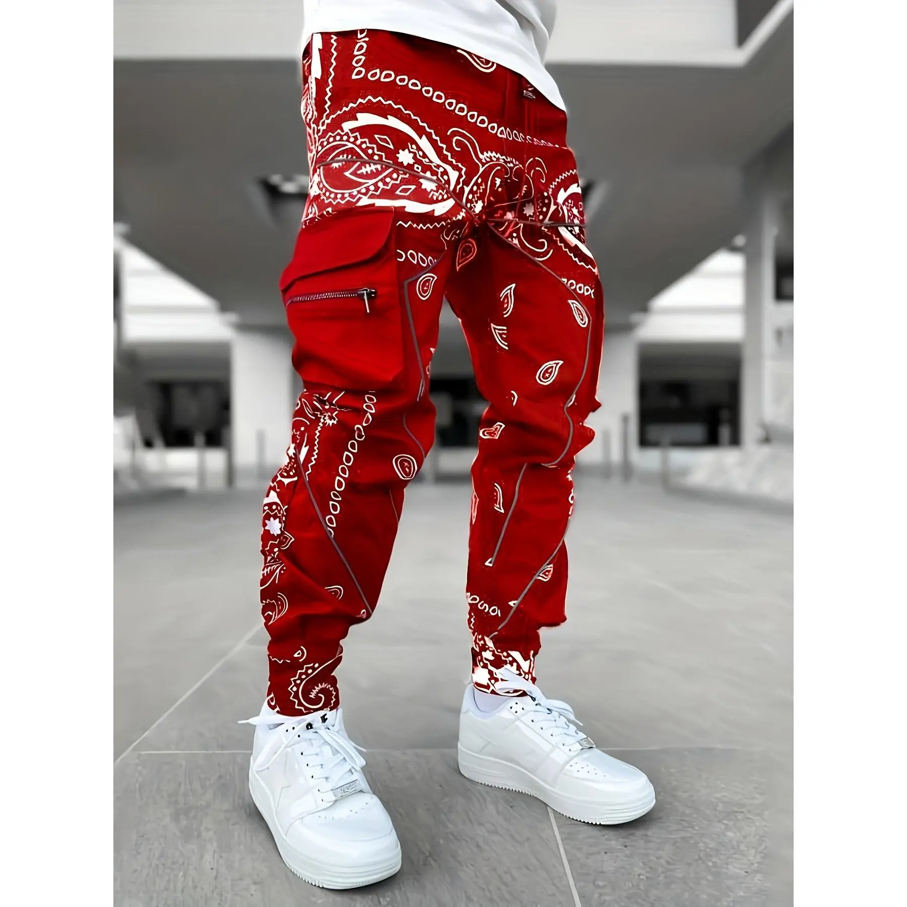Men's Stylish Paisley Cargo Jogger Pants - Multi-Pocket, Soft Fabric, Elastic Waistband, Relaxed Fit, Breathable Functional Bottoms for Gym, Outdoor Activities, Tracksuit Pants, Jogging Pants
