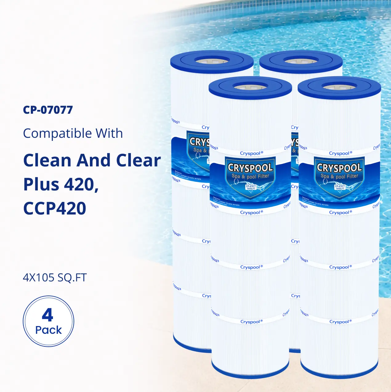 CCP420 Filter Compatible with Clean and Clear Plus 420, CCP420, Replaces R173576, PCC105-PAK4570-0425-07, C-7471, 178584, FC-6470, 817-0106, Cryspool 4x105sq.Ft Pool Filter Cartridges, 4 Pack Swimming Pool Accessory