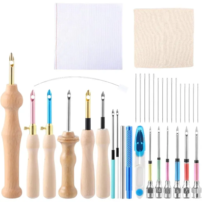 35 Pcs Punch Needle Kit,Punch Needle Tool Adjustable Punch Needle Embroidery Kits Include Wooden Handle Embroidery Pen Set,Big Eye Needles,Punch Needle Cloth,Stocking Stuffers for Adults Beginne,Fathersdaygift,Hand Tools Kits