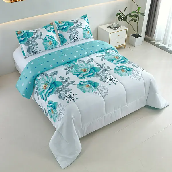 2/3pcs Teal Floral Reversible Comforter Set, Soft and Breathable Quilt Set for All Seasons, Cozy Bedding Set with 1 Comforter & 1 or 2 Pillowcases, Suitable for Bedroom, Guest Room, Dorm, Hotel, Machine Washable, Perfect Gift