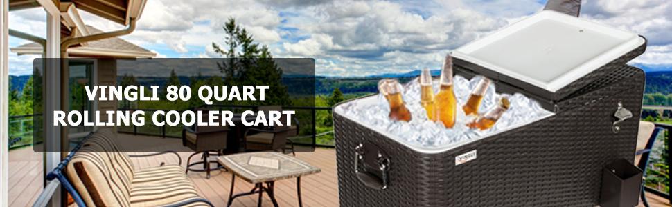 VINGLI 80 Quart Rolling Ice Chest, Portable Patio Party Bar Drink Cooler Cart, with Shelf, Beverage Pool with Bottle Opener (Brown)