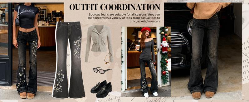 Emmiol Women’s Embroidered Bell Bottom Jeans – Stretchy Flared Mid-Rise Vintage Denim, 90s Y2K Retro Jeans with Floral Embroidery, Soft Stretch Fabric, and High-Comfort Fit