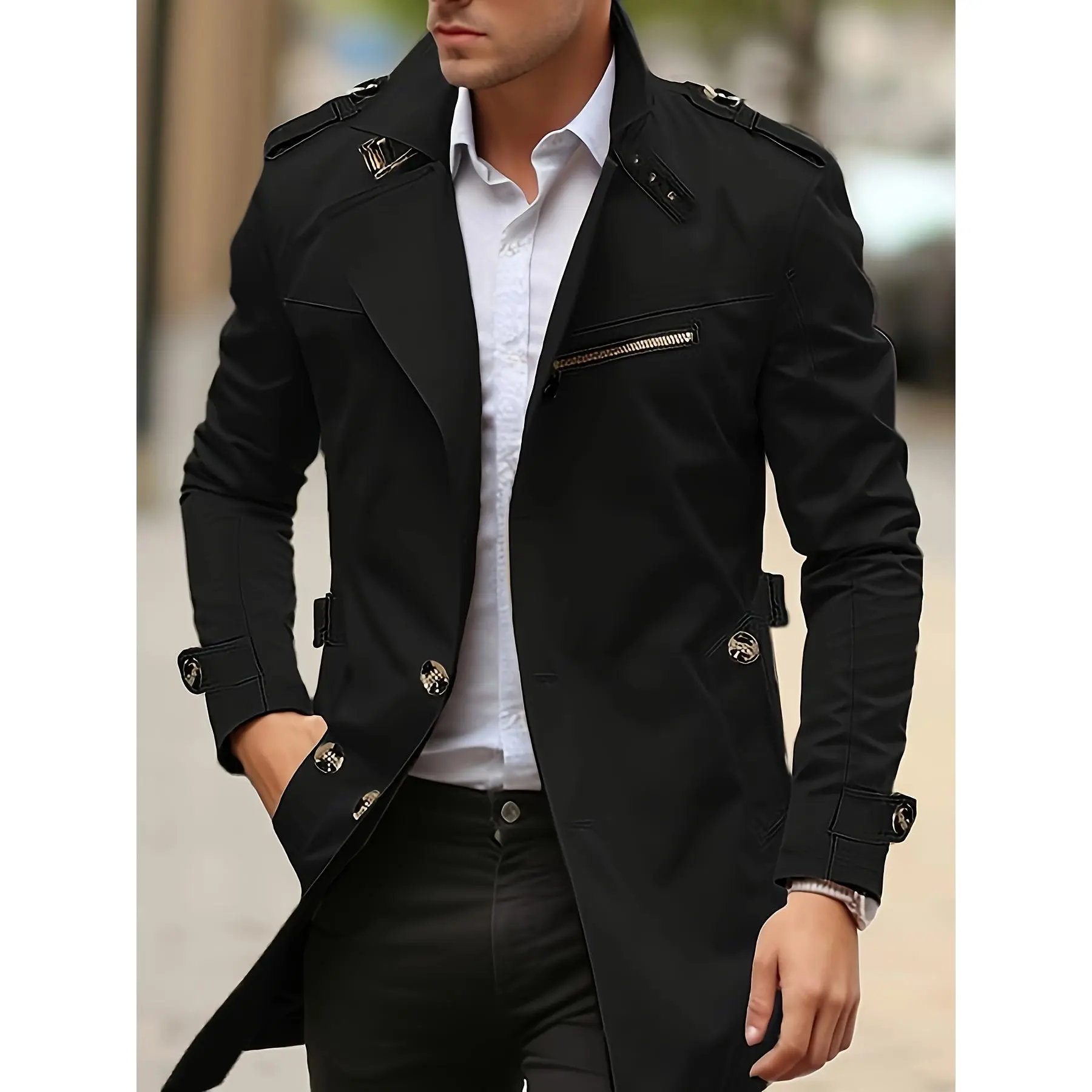 Men's Plus Size Casual Lapel Windbreaker Jacket - Solid Polyester Outwear Coat with Golden Zippers, 5XL, Machine Washable, Do Not Dry Clean, for Fall Winter Work Menswear Tops