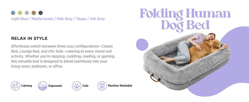 Lesure Luxury Warm Foldable 3-in-1 Flexible Giant Human Dog Bed Cozy Fluffy Faux Fur Lounge Sofa with Supportive Bolster Egg Foam Soft Plush Calming Orthopedic Bed for Winter Comfort Classic Lounge Sofa Options Valentine’s Day Choice