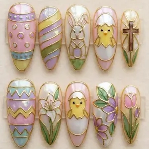 Stained Glass Cross Press On Nails, Pastel Easter Nail Art, Christian Religious Gold Chrome Mosaic Spring Floral Almond Glue On Nails